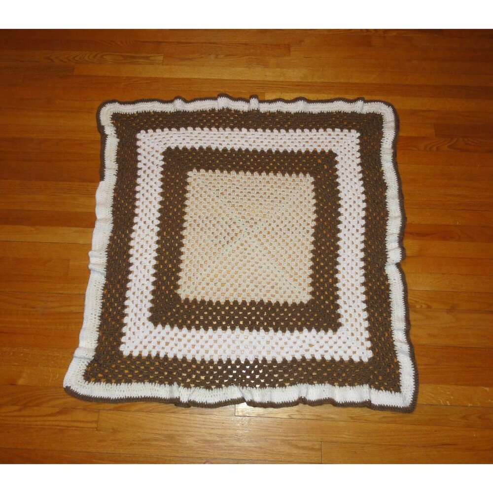 Handmade Brown Cream & White Granny Square Shaped Afghan crochet throw blanket